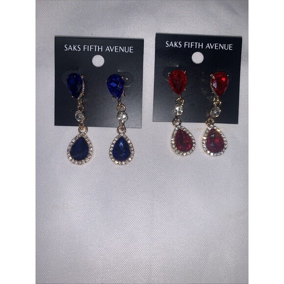 Bundle Of 2 Pairs- Saks Fifth Avenue Sparkly Dangle Statement Earrings Blue/ Red - Picture 2 of 5